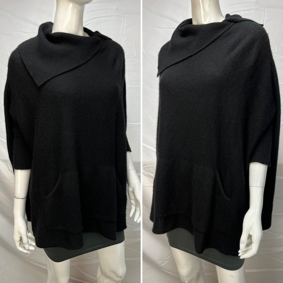 AQUA Cashmere Black Cowl Neck Oversized Short Sleeve Boxy Poncho Sweater S - Picture 2 of 5